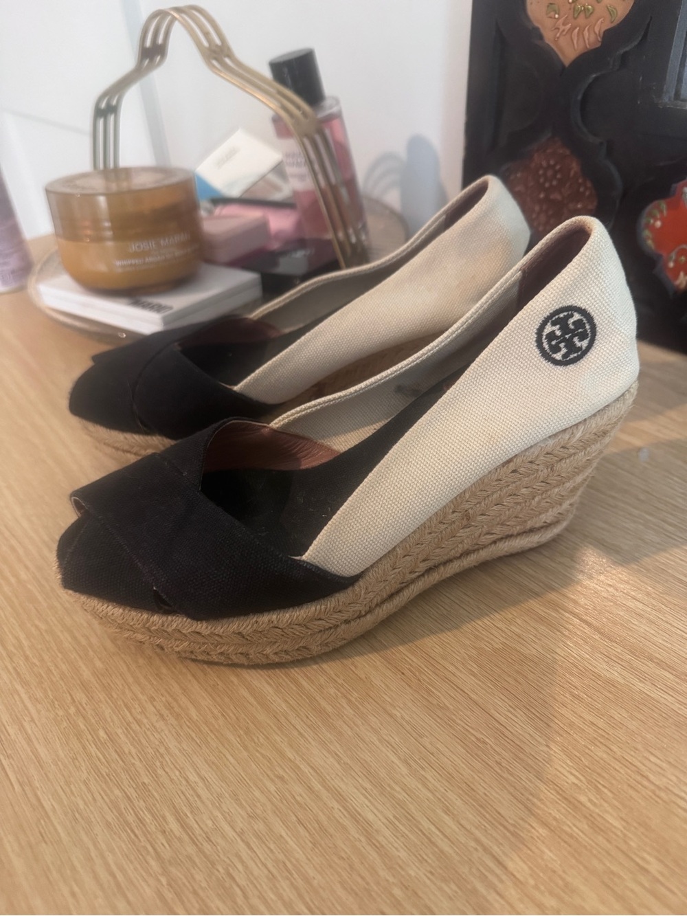 Tory Burch Black and Cream Canvas Espadrille Wedge Peep-Toe